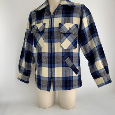 Vintage CPO Jacket - WHITE STAG Label - All Wool - Wide Blue & Black Plaid - Serval Metal Zipper - Buttondown Patch Pockets - Size Medium 