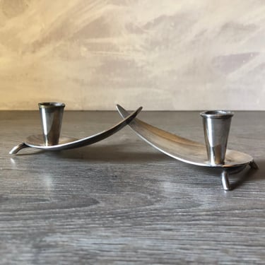 Vintage Carl Christiansen Denmark Plated Dual Candle Holder, kidney shaped silver footed candleholder 