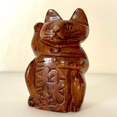 Vintage 1960s Carved Monkey Pod Hawaii Lucky Cat 