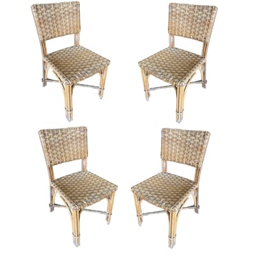 Restored Mid-Century Era Rattan Dining Side Chairs with Wicker Woven Seats 