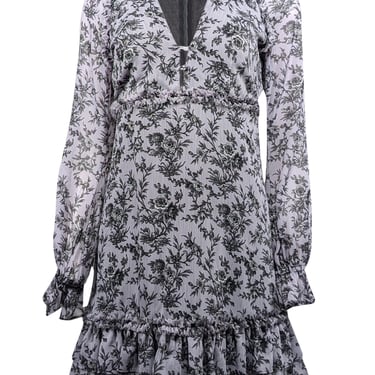 Likely - Pale Lavender & Dark Grey Floral Print Chiffon Mini Dress Sz 2