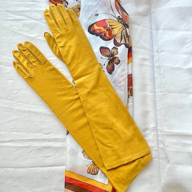 Vintage Long Gloves, 18 In. Length, Harvest Gold Color, Pin Up Rockabilly Style 