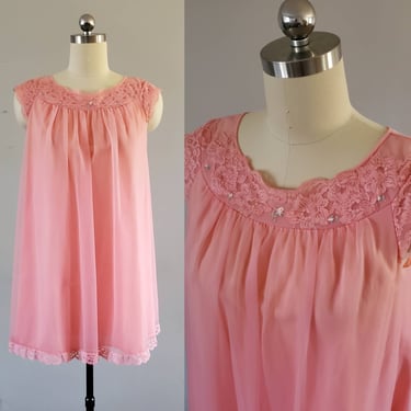 1960's Pink Chiffon Babydoll Nightie by Shadowline 60's Loungewear 60s Lingerie Women's Vintage Size Small 