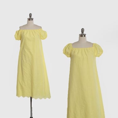 Off the shoulder dress | Vintage 70s yellow floral eyelet maxi dress 