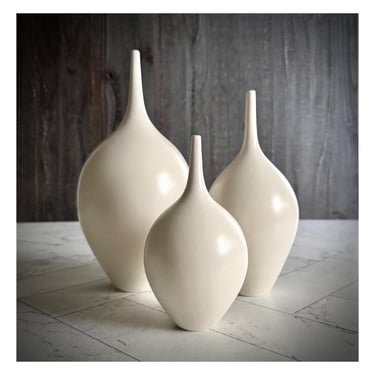 SHIPS NOW Set of 3 Stoneware Teardrop Bottles Satin Matte White 10