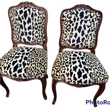 Vintage Louis XV style chairs reimagined in all new velvety leopard fabric. 