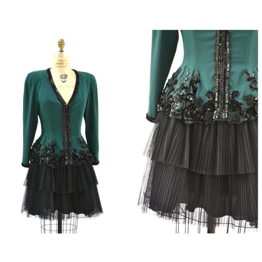 80s 90s Fabrice Vintage Green Black Beaded Party Dress Medium // Vintage 80s 90s Sequin Party Dress Crinoline Pleated Skirt Long Sleeves 