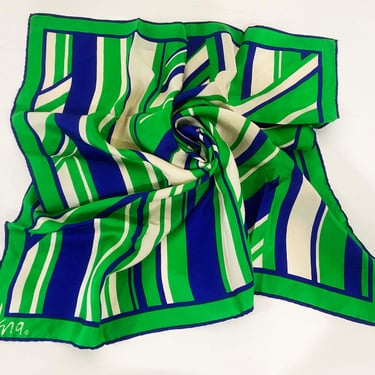 Vintage Vera Silk Scarf Blue White Green Square Handkerchief Hanky Handrolled Mid-Century Retro 1970s 