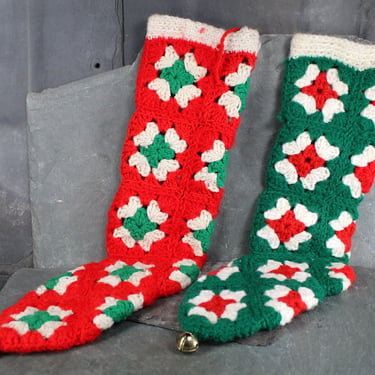 Vintage Granny Square Crochet Christmas Stockings | Circa 1960s/70s | Kitschy Christmas Decor | Grandma's Christmas Stockings 