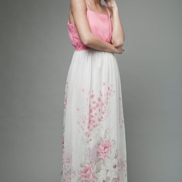 vintage 70s maxi dress pink white shoulder straps painted floral print ethereal boho M L MEDIUM LARGE (38