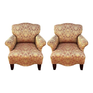 Modern Rolled Arm Paisley Upholstered Chairs - a Pair 