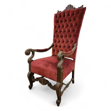 Antique Victorian Carved Ornate Oversized Tufted Back Throne Chair Newly Reupholstered Velvet