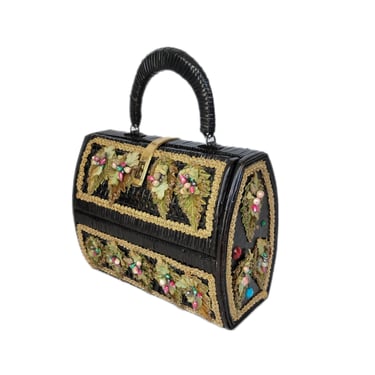 Large 1950's Black Floral Embellished Wicker Straw Box Bag Purse 
