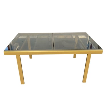 Mid-Century Modern Expanding Dining Table in Brass Gold Steel and Smoked Glass Top - Leaf Insert Extends 66