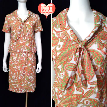 Classy Vintage 60s Orange Green Paisley 2-Piece Tie Top and Skirt 