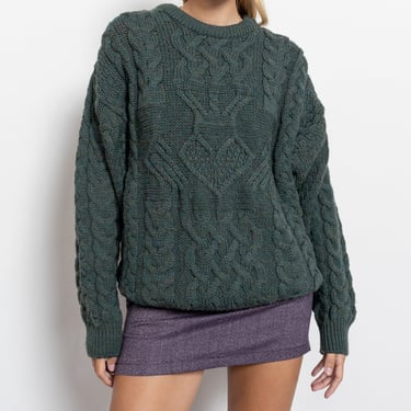 GREEN IRISH WOOL Cable Knit Pullover Knitwear Fall Winter Jumper Crew Neck / Medium 