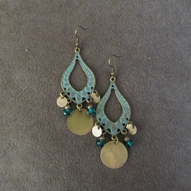 Patina chandelier earrings, green crystal gypsy earrings, boho earrings, large ethnic tribal earrings, bohemian unique princess bling bronze 