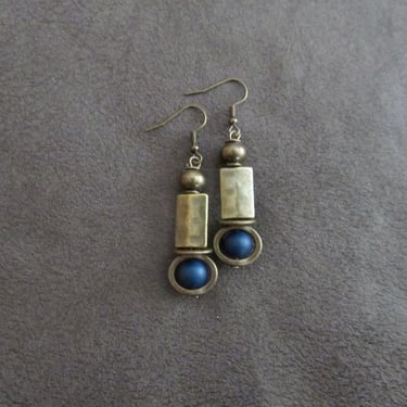 Industrial earrings, blue agate and bronze minimalist earrings, mid century modern earrings, unique Art Deco earrings, geometric 