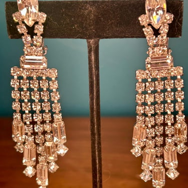 Vintage Rhinestone Dangle Earrings Retro Fashion Estate Jewelry 50s 60s Clip On 