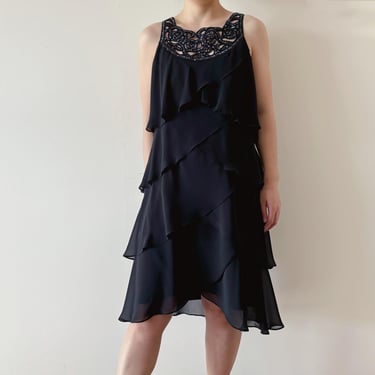 vintage dress beaded tiered dress midi dress layered dress scallop shell formal dress cocktail party 90s retro  minimalist black size S/M 