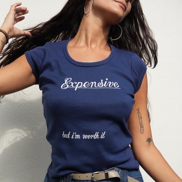 1970's Expensive T-shirt / Expensive but I'm WORTH IT / Scoop Neck navy Blue Top / 1970's Joke Tee / Sexy Seventies Blouse 
