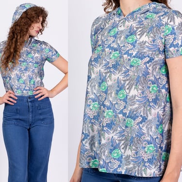 70s Boho Hooded Floral Top - Extra Small | Vintage Blue Flower Print Short Sleeve Hippie Shirt 