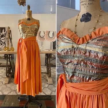 1970s party dress, vintage 70s prom dress, orange and gold, strapless formal, 70s does 50s, full skirt, fit and flare, x small, 25 waist 
