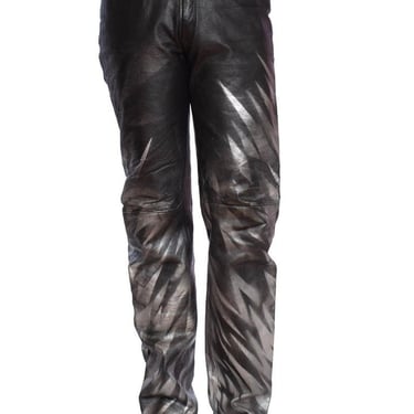 1980S Black Leather Men's Pants With Silver Metallic Graffiti 