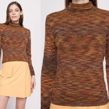 90s Does 70s Space Dye Knit Sweater - Small | Vintage Brown Striped Turtleneck Earth Tone Boho Pullover 