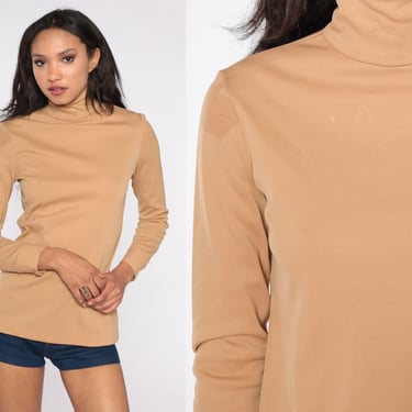 Turtleneck Shirt Tan Camel Top 70s Top Long Sleeve 1970s Funnel Retro Turtle Neck Top Vintage 1970s Simple Plain Mod Polyester Small xs s 