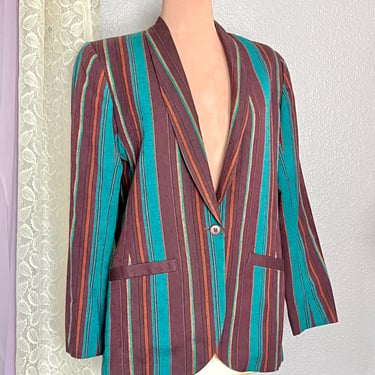 Vintage Cotton Blazer, Striped Jacket, Teal Rust Burgundy, 70s 80s 