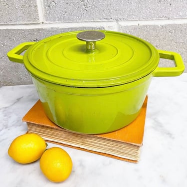 Vintage Dutch Oven Retro 1970s Cast Iron + Enamelware + Lime Green + Medium Size + Casserole with Lid + 9" Inch + Cookware + Kitchen Decor 