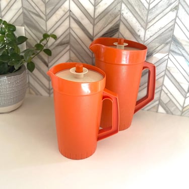 Vintage Tupperware Orange Small Short Pitcher (Large Pitcher for Comparison Only), Push Button Lid, Retro Drinkware 