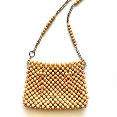 Vintage 60s 70s Hippie Big Beaded Shoulder Bag 1960s 1970s Boho Wood Bead Purse 