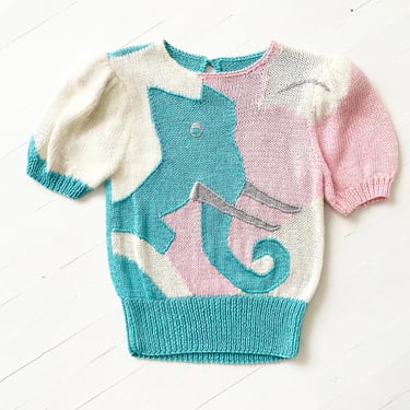 1980s Puff Sleeve Pastel Wool Elephant Sweater Top 