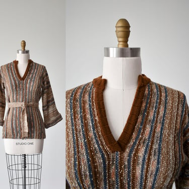 1970s Brown Knit Sweater / Vintage Womens Sweater / Vintage Sweater with Belt / Vintage Striped Sweater / 70s Belted Sweater Medium 