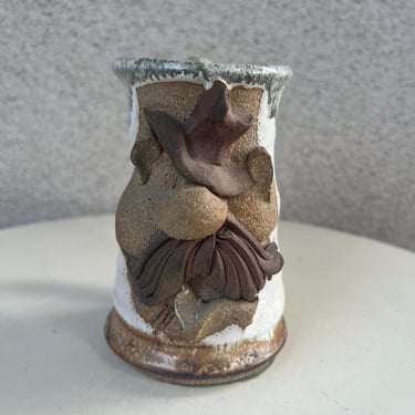 Vintage stoneware studio art brown pottery mug kitsch 3D face Mustache cowboy man theme holds 12 oz 