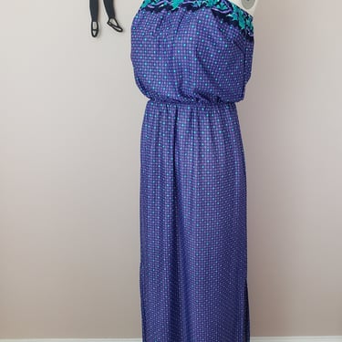 Vintage 1970's Blue Disco Dress / 70s Polyester Strapless Dress S 