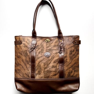 Huge Gucci Marbled Brown Leather Tote Bag Embossed Lizard Grain Vintage Clean 17” 