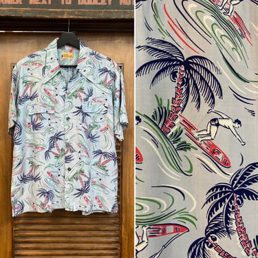 Vintage 1940’s Size L “Towncraft” Rayon Surfer Pattern Hawaiian Shirt, 40’s Tiki Pattern, Vintage Clothing 