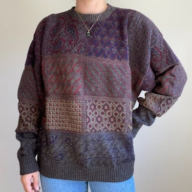 Vintage Unisex 90s Oversized Geometric Dark Academia Wool Blend Sweater Sz L 