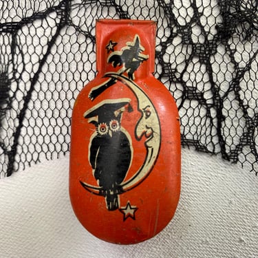 Vintage Halloween Owl Clicker By Kirchhof, Halloween Party Noise Maker, Owl, Witch, Crescent Moon, 2-1/2" Tall 