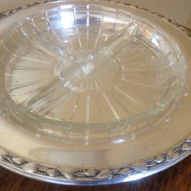Elegant Silver Plate Dish with heavy glass 3 part Divided Insert- Appetizer Dish- relish tray 