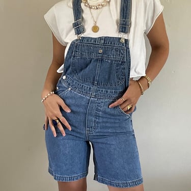 90s Tommy denim overalls / vintage Tommy Hilfiger blue jean denim short shorts utility bib overalls shortall  | Small Medium 