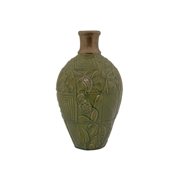 Olive Green Copper Color Mouth Relief Floral Motif Ceramic Art Vase ws3536E 