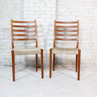 Vintage mcm pair of tall back / ladder back teak dining chairs with new upholstery | Free delivery in NYC and Hudson Valley ares 