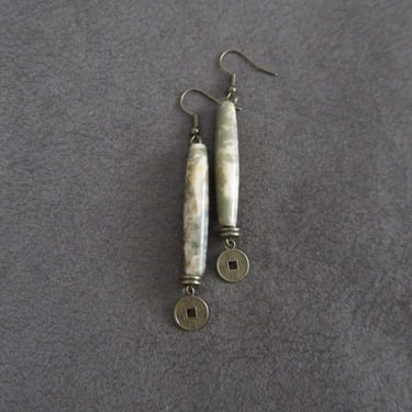 Asian coin and bone earrings, gray 