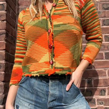 Vintage 50s Spacedye Wool Hand Knit Cardigan Sweater Orange Green Cozy Small Medium by TimeBa