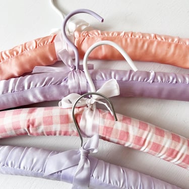 Vintage Plush Hangers / Delicates Clothing Hangers / Fabric Covered / Pink and Purple Satin / Set of 4 Gingham Coquette 