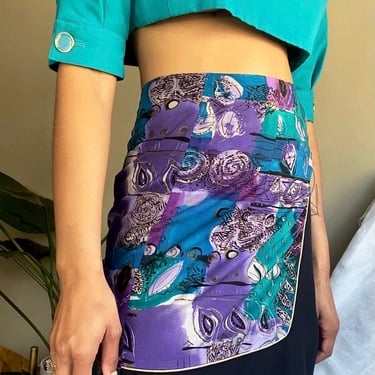 80’s Abstract Paisley Print Wrap Skirt Purple Multi | Vintage Cotton Skirts | Boho Wrap Skirt| Paisley Skirt(S) 